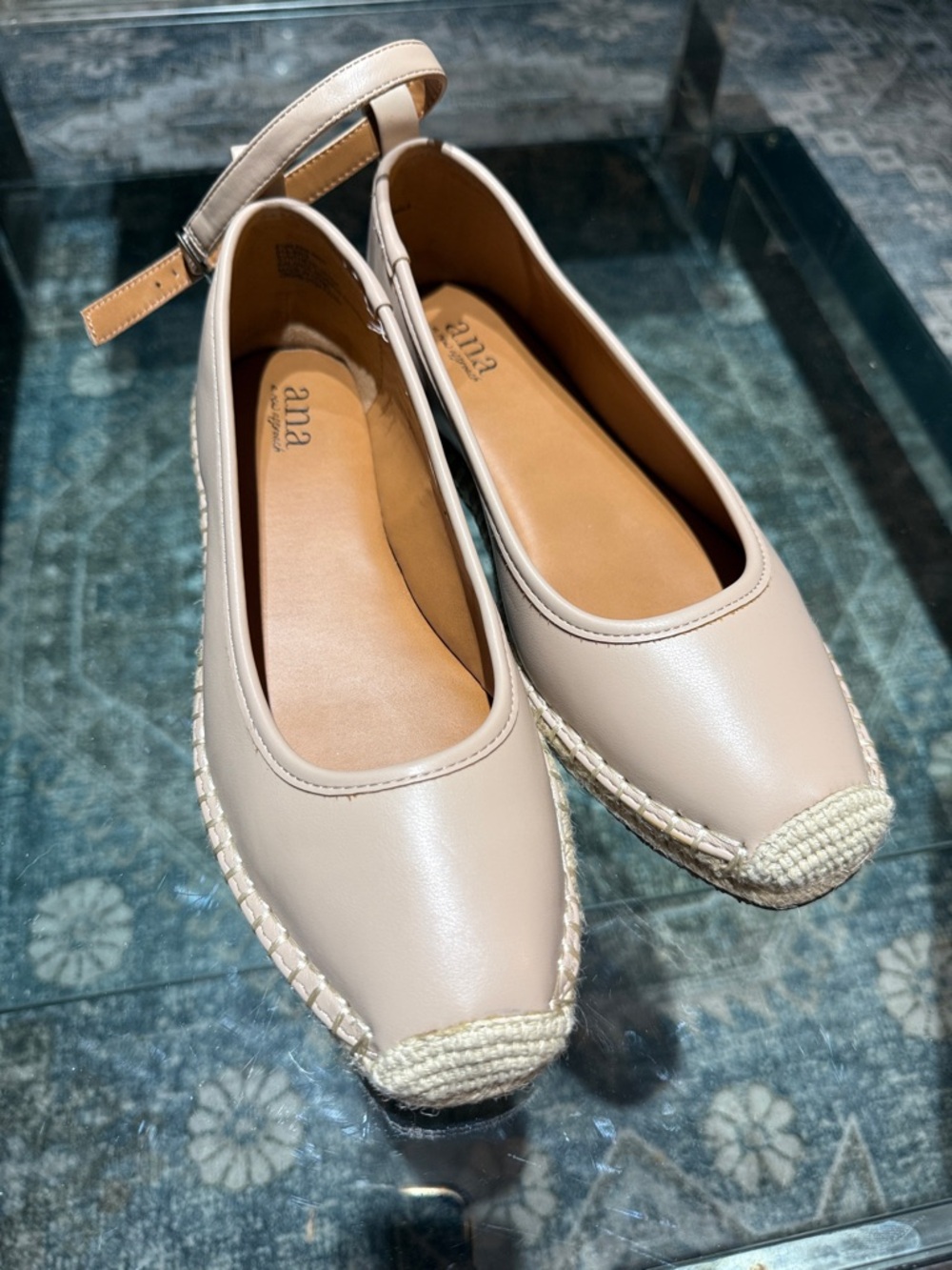 a.n.a Beige Leather Espadrille Flats with Ankle Strap